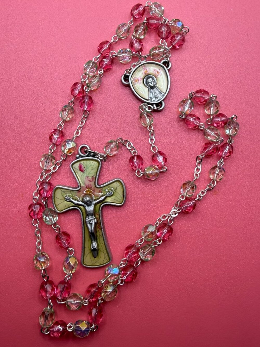Pink Glass Floral Rosary Beads